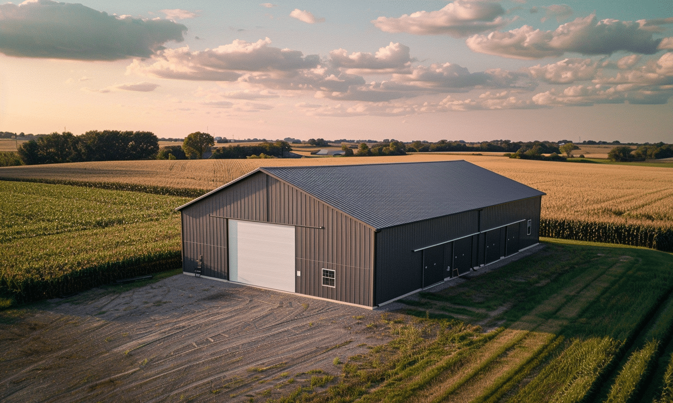 Aerial view of a large modern barn in Alberta with a prominent white garage door, surrounded by green fields and clear skies.