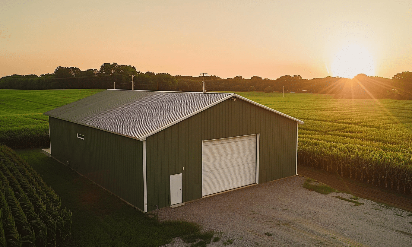 Aerial view of a large modern building with a white garage door.