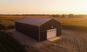 Aerial view of a modern barn with a white garage door in Alberta surrounded by green fields and a clear sky.