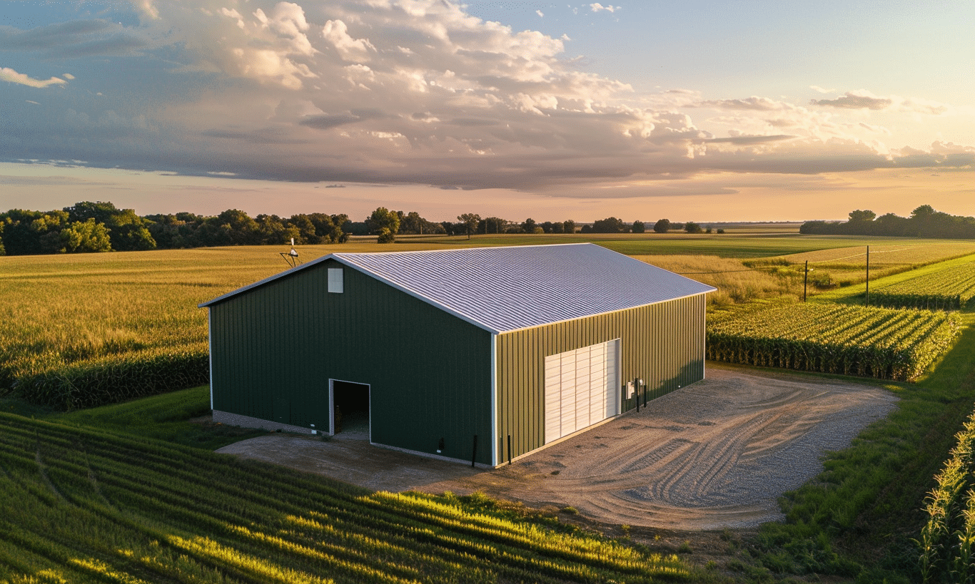 Aerial view of a large modern barn with a white garage door in Alberta surrounded by lush green fields.