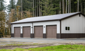 Two car garage in Alberta barn style with brown door and white walls in scenic background