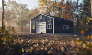 Alberta black metal garage with white trim features modern design and ample storage space, set against a clear sky backdrop.