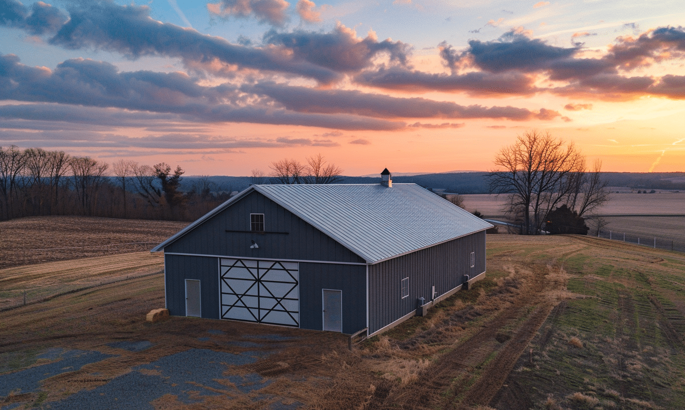 Aerial view of a metal barn with a white garage door in Alberta, surrounded by green fields and a clear blue sky.