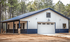 White and navy blue metal building in Alberta with a garage door, featuring modern design and durable construction.