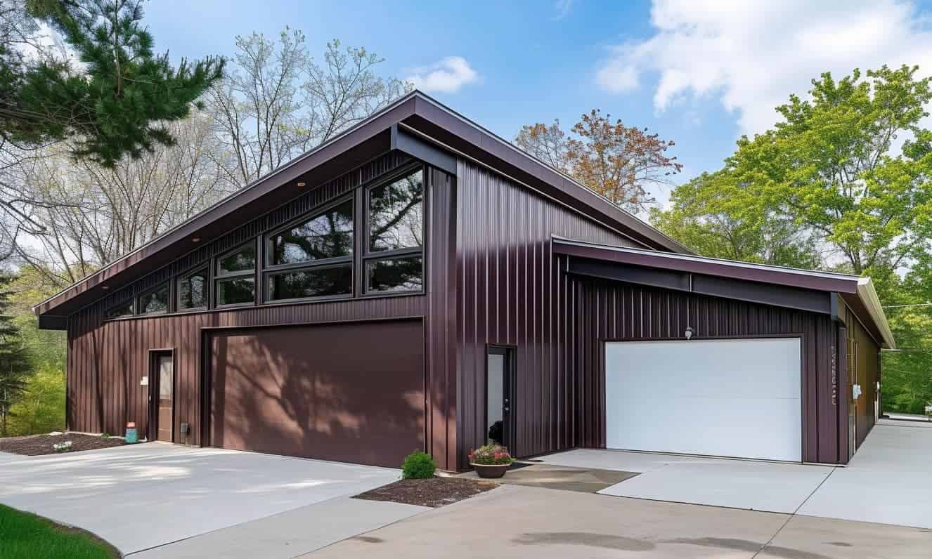 Steel structure building with attached garage and front door. Modern metal construction with practical design.