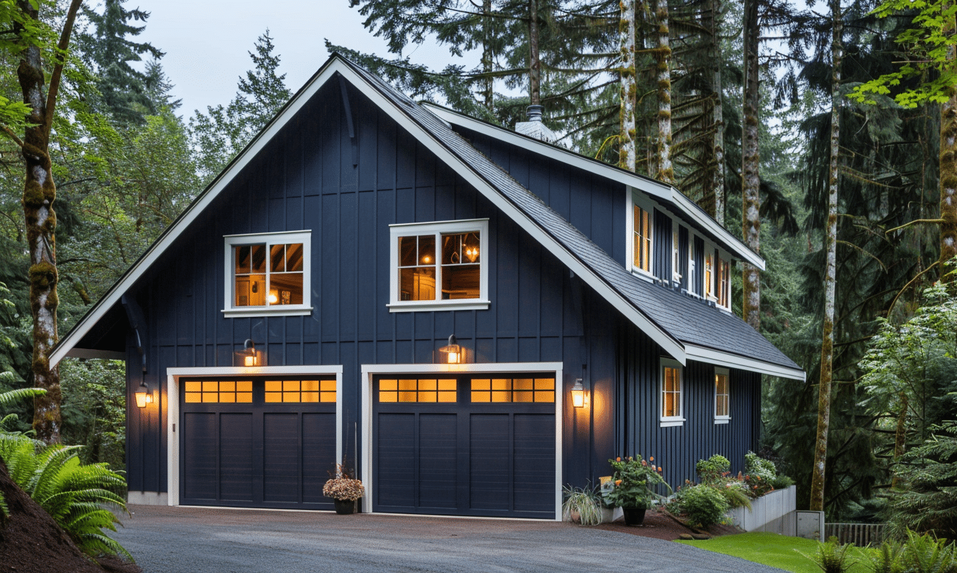 Modern BC house with steel garage kits featuring sleek design and durable construction elements against a beautiful natural backdrop.