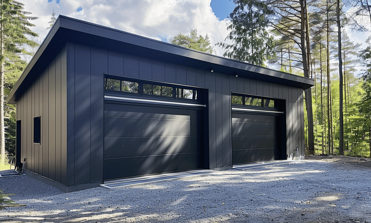 BC Industrial steel building with black shutters. Modern industrial architecture featuring durable steel construction and sleek black details.