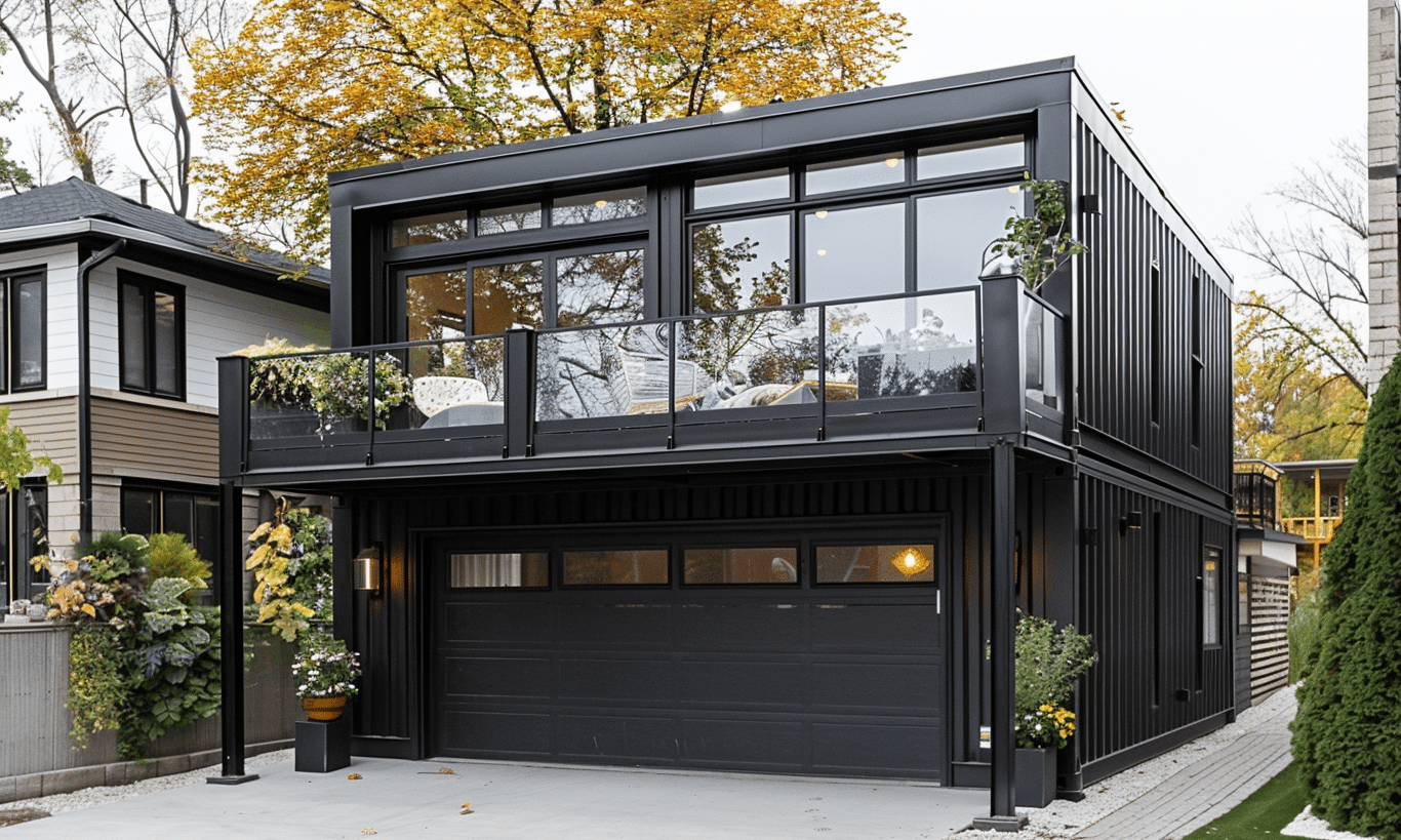 Modern steel garage kits with shipping container for durable and versatile storage solutions from BC.