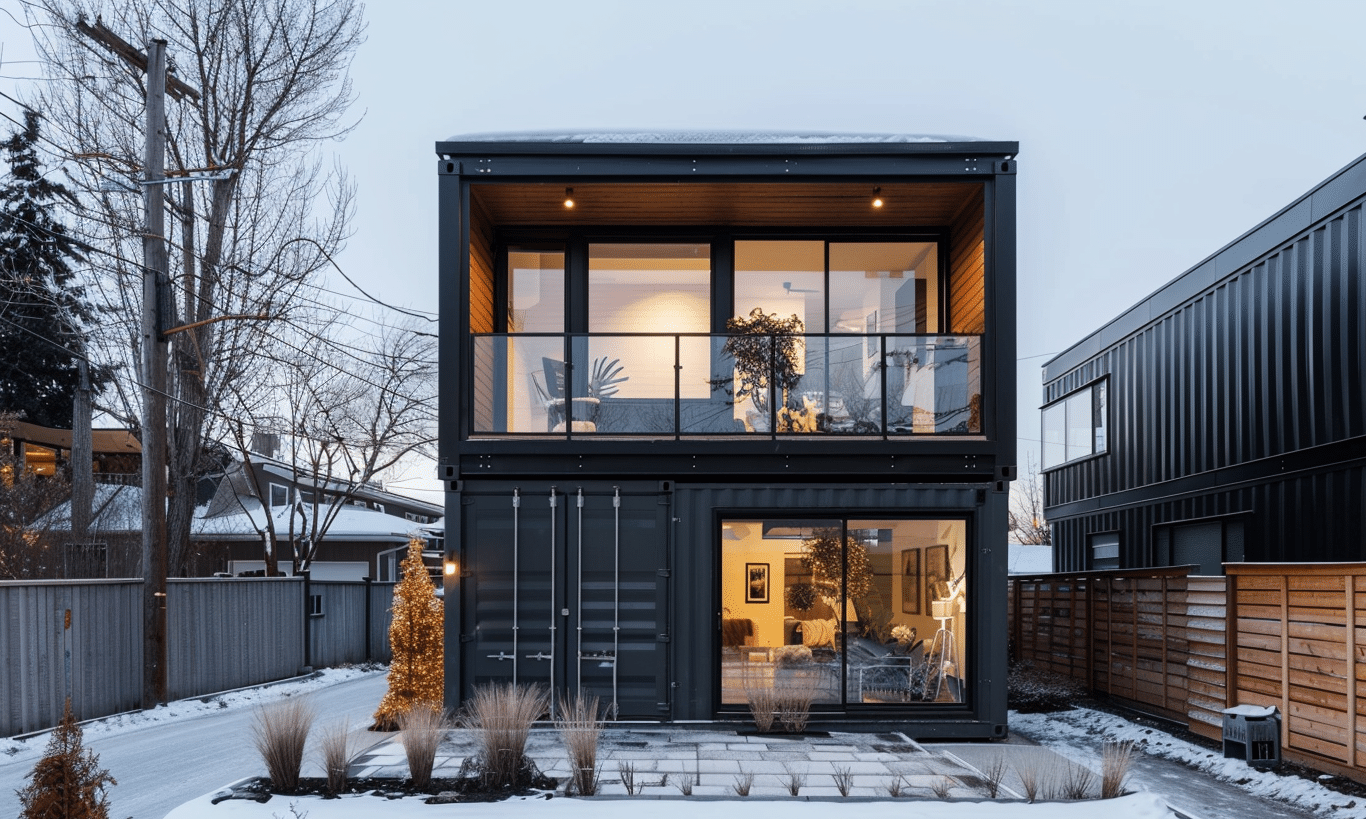 Shipping container home duplex built with BC style steel garage kits