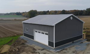 Aerial view of BC steel garage kits showcasing durable, pre-engineered structures in a versatile outdoor setting.