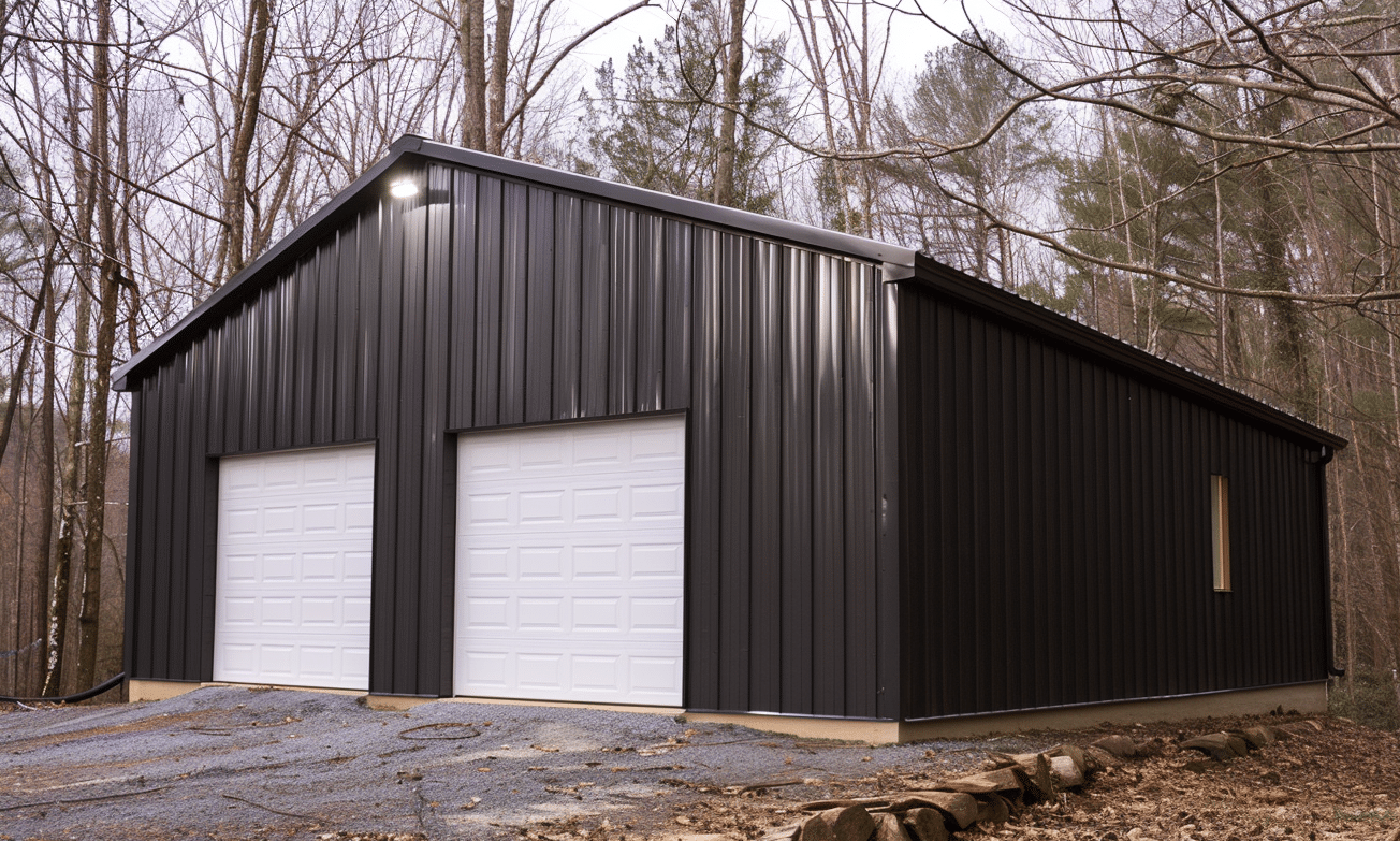 Durable steel garage under construction with strong metal framework and robust materials for long-lasting storage solutions.