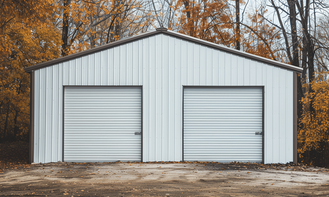 Isolated white steel garage kit in British Columbia surrounded by trees, showcasing sturdy construction and modular design.