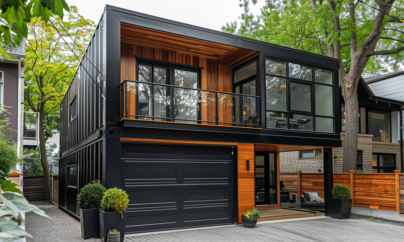 Modern British Columbia Shipping Container Home nestled in nature with sustainable design and eco-friendly architecture.