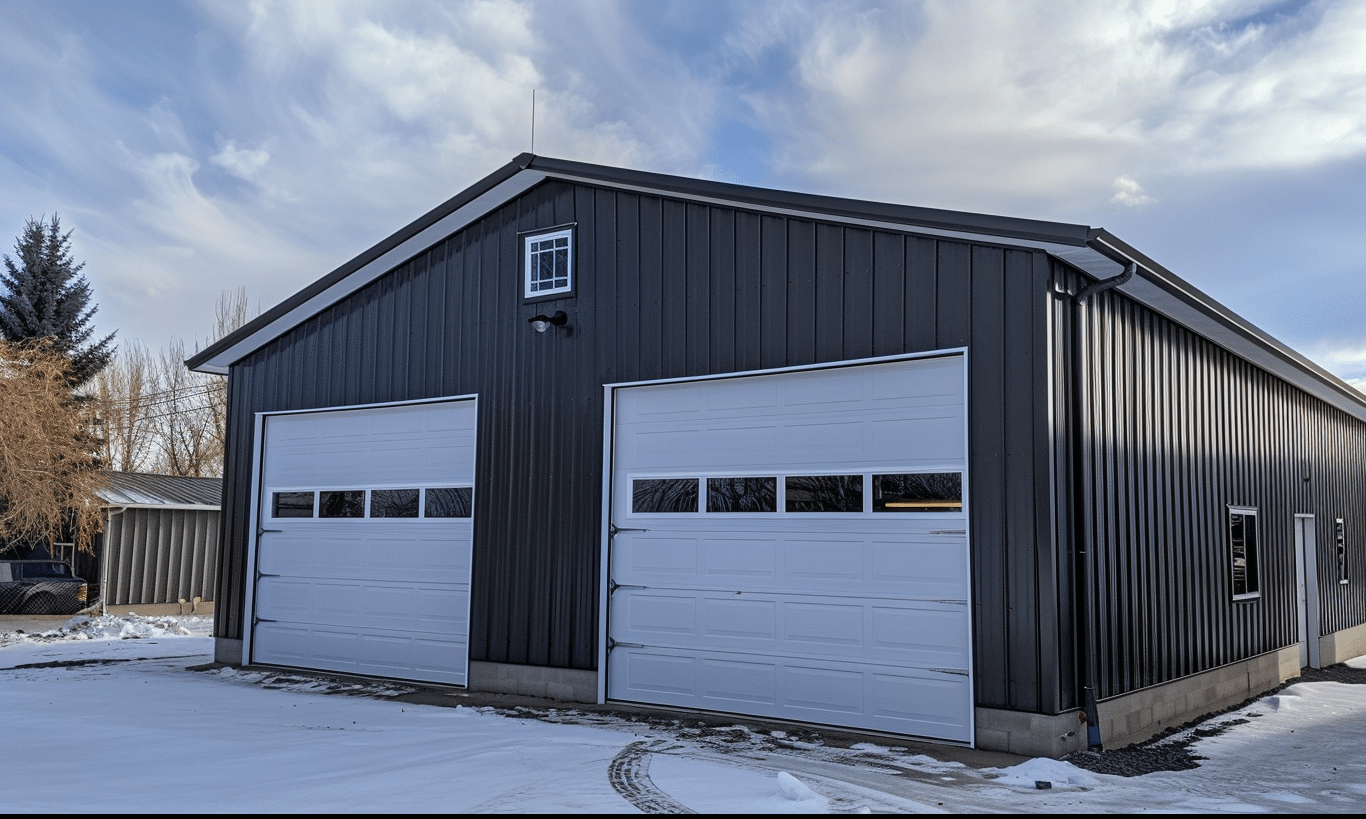 Modern steel garage with large white-framed windows, featuring sleek design and contemporary architecture in a suburban setting.