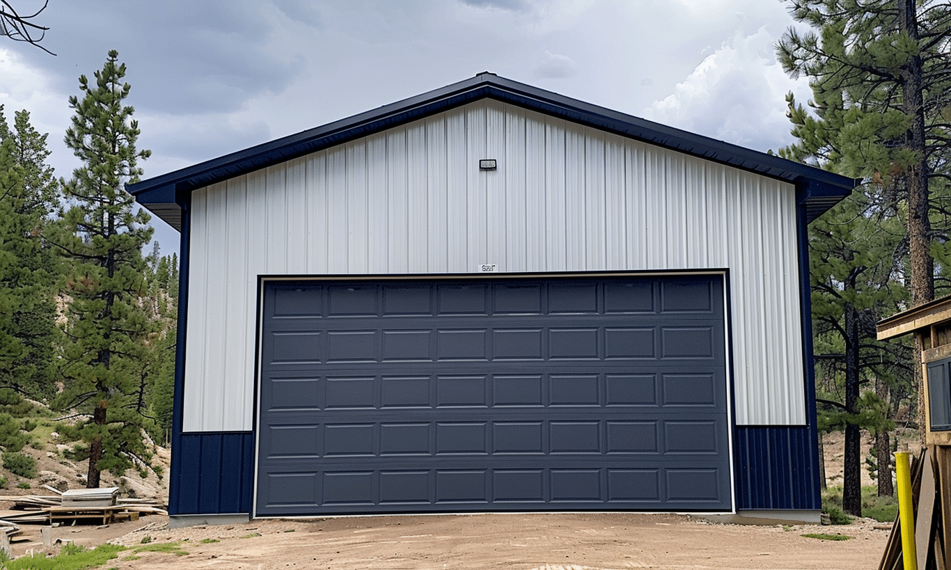 Navy blue and white steel garage with a modern design featuring dual doors and a pitched roof, ideal for residential use.