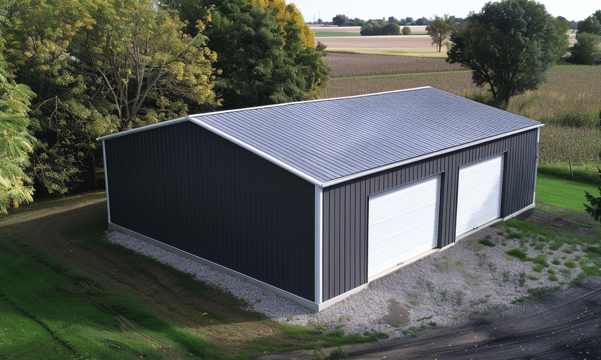 Ontario skyline with a modern steel post frame garage in the foreground. Blue sky and trees surround the structure.