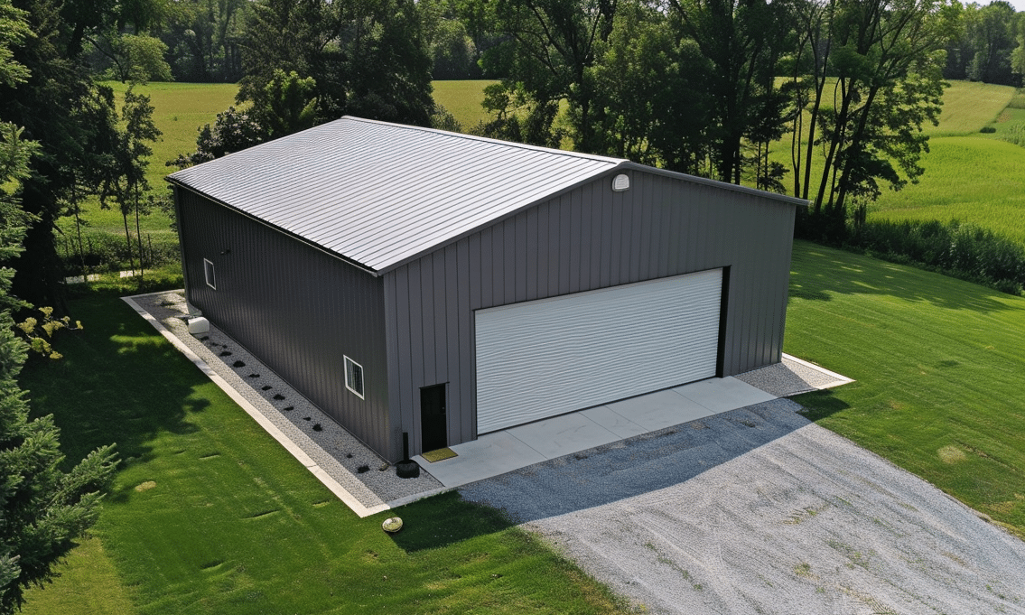 Aerial view of a steel garage in Ontario surrounded by trees and vehicles, showcasing its large structure and rural location.