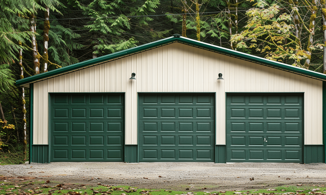 Three-car Ontario steel garage kits with green door in residential setting. Durable, weather-resistant storage solution.