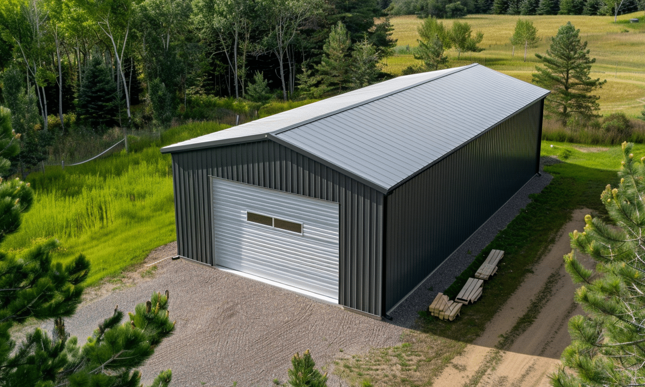 Aerial view of Ontario steel garage kits showcasing multiple metal buildings in a rural setting with surrounding landscape.