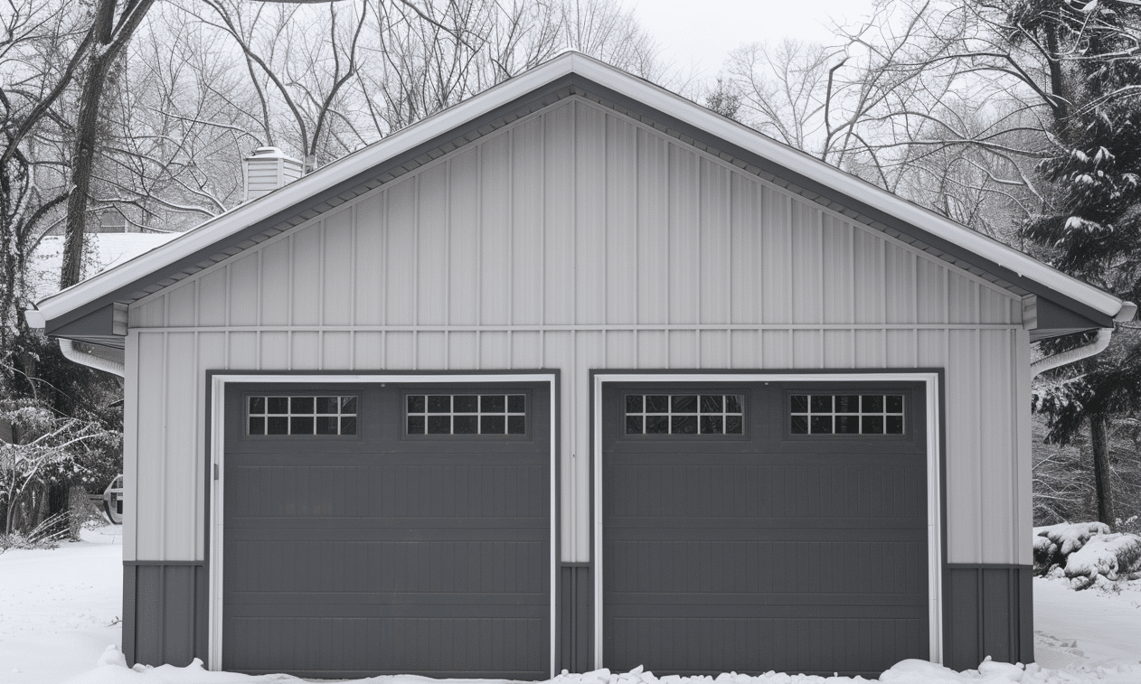 Ontario two-car steel garage kit displayed on a sunny day, showcasing durable construction and ample space for vehicles.