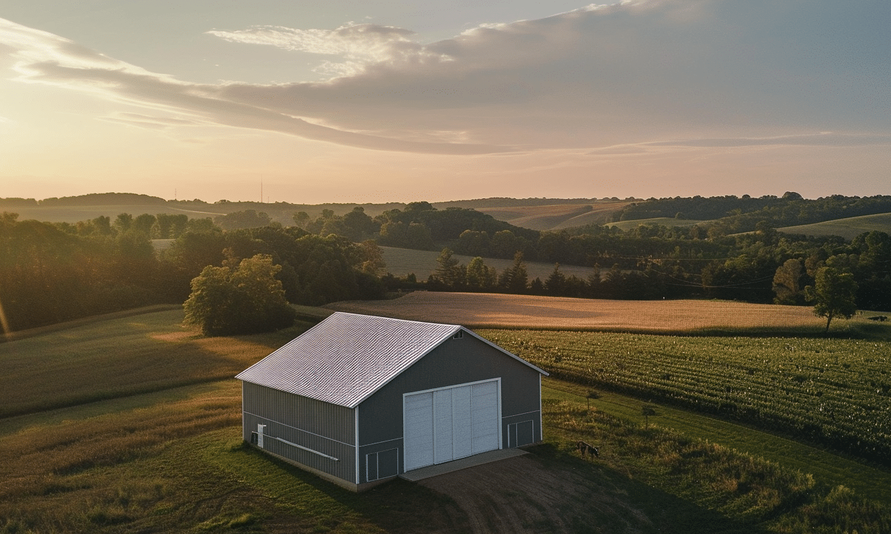 Aerial view of Ontario steel garage kits showing multiple assembled structures in an open area, highlighting their design and layout.