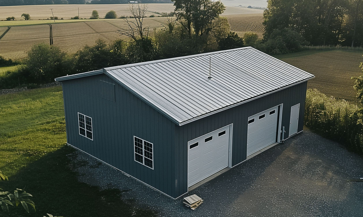 Aerial view of Ontario steel garage kits showcasing a modern metal garage with durable construction and spacious design in a residential area.