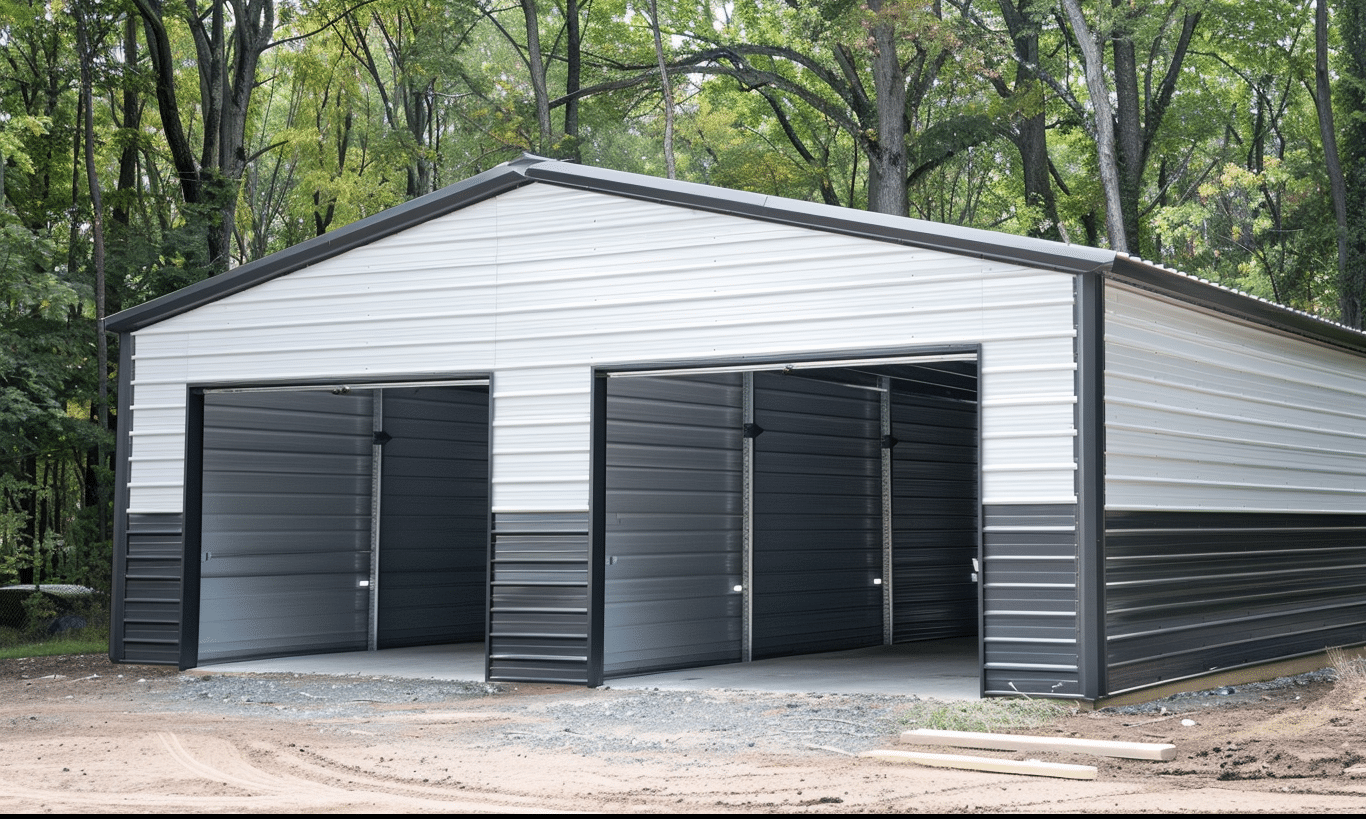 Ontario steel garage with two doors showing a durable metal structure ideal for vehicles and storage.