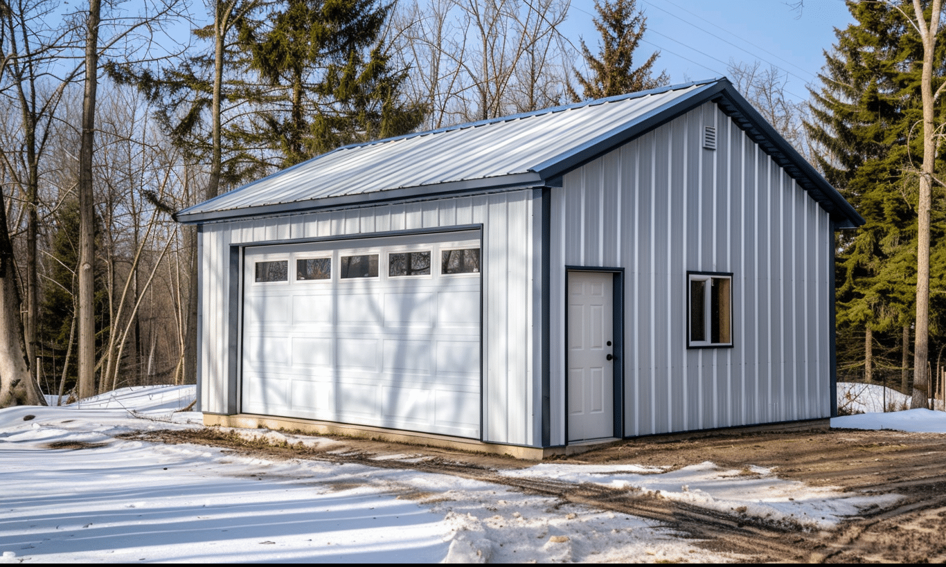 Ontario steel garage with white panels and strong metal structure ideal for storage and vehicle protection