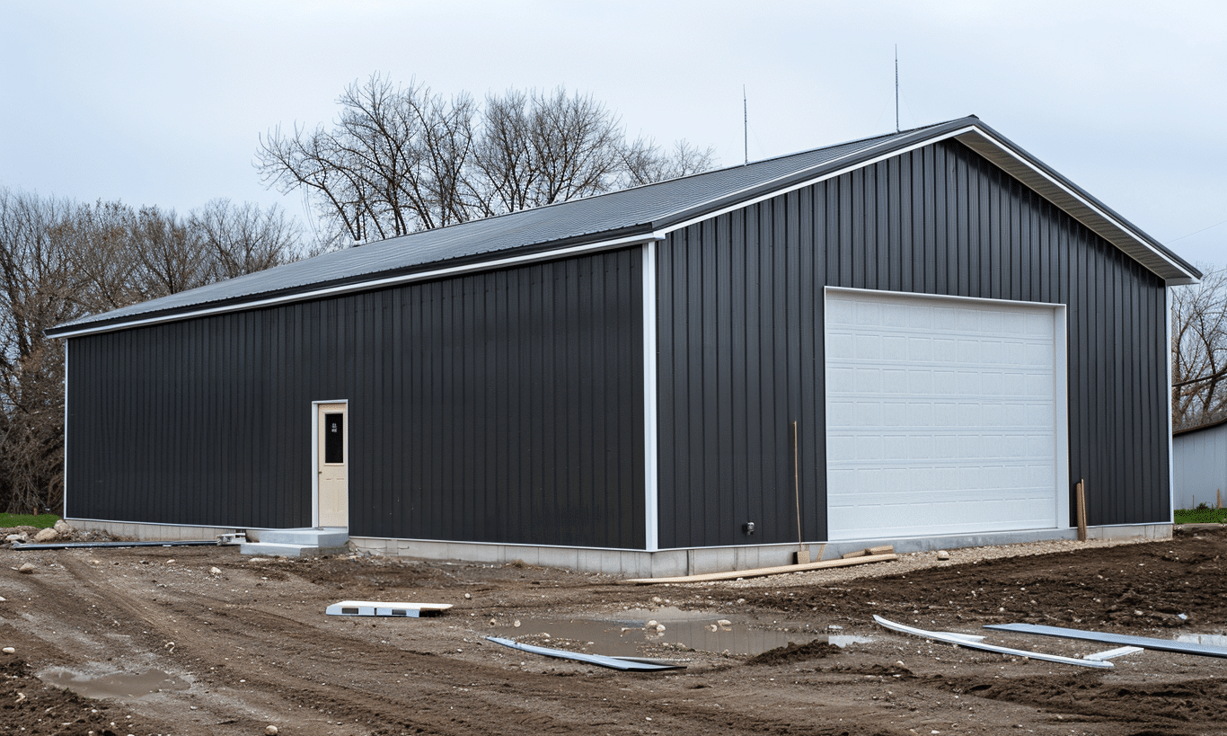 Ontario steel garage kits in cream-colored metal building, durable and customizable structures for residential or commercial use.