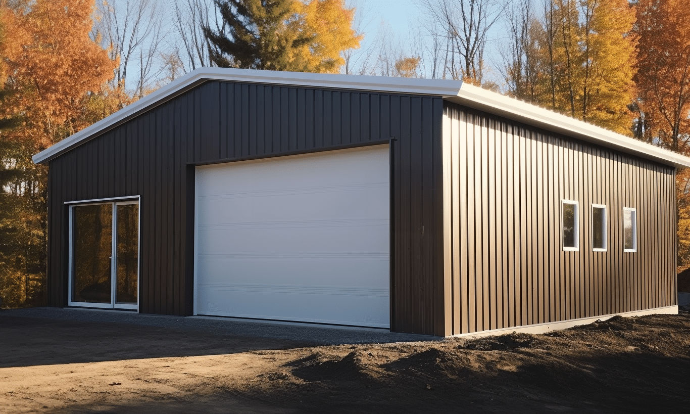 Steel garage in Ontario with slate roof and brown siding, surrounded by greenery and clear blue skies.