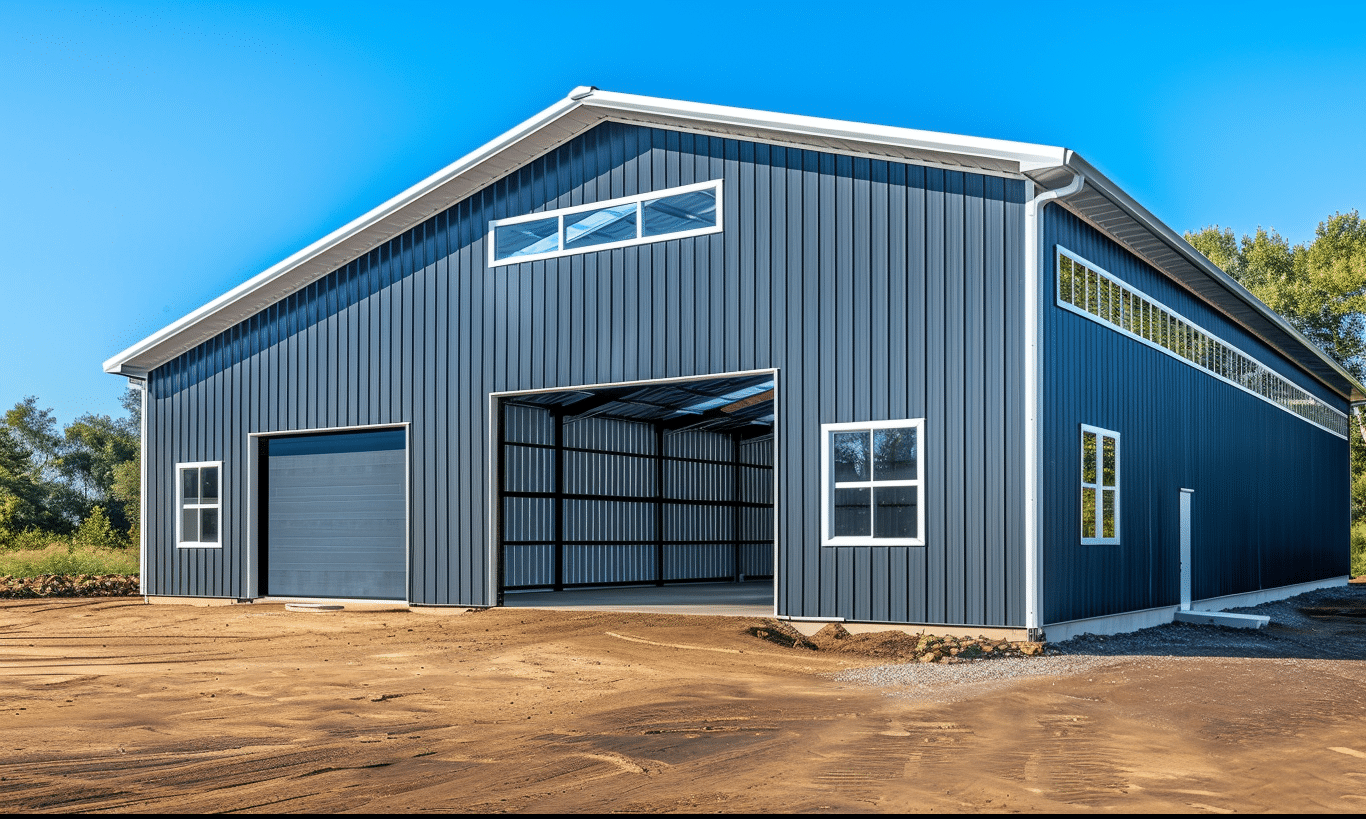 A rustic steel garage kit in British Columbia with a scenic mountain backdrop and forest surroundings.