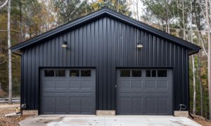 Installation of durable steel garage kits in Ontario Canada, showcasing sturdy metallic structures for residential and commercial use