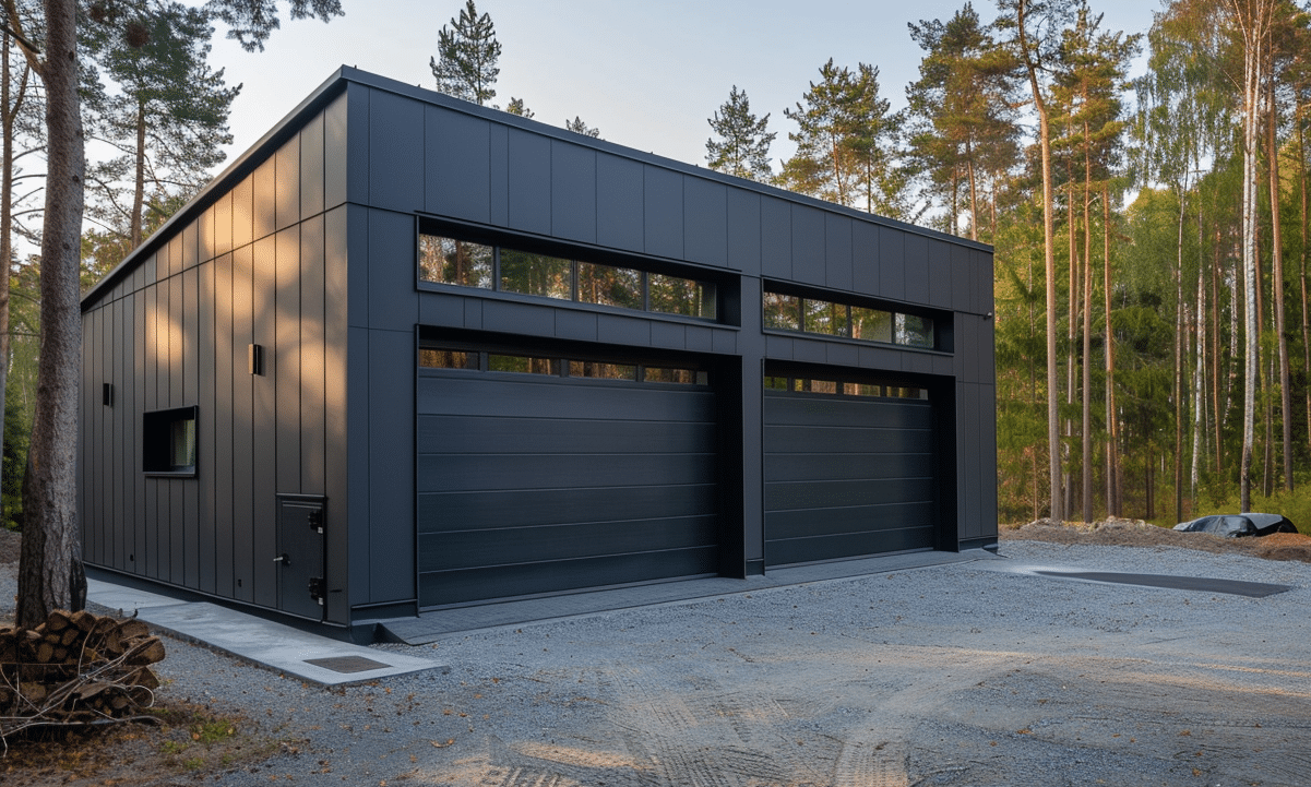 Steel garage kit with black roller doors in Ontario, showcasing durable construction and sleek design in a residential setting.