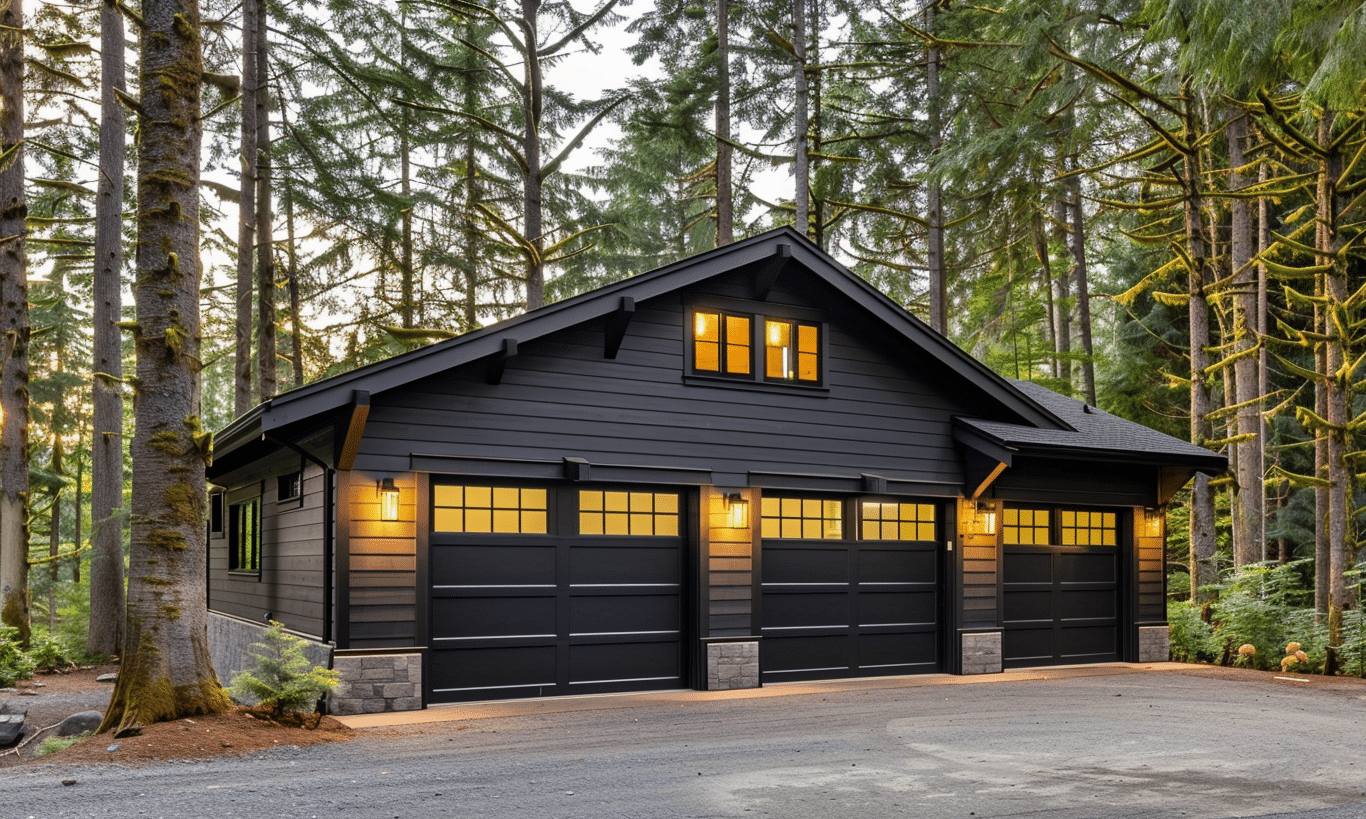 A modern Ontario garage with sleek black doors and elegant design, highlighting contemporary architecture and curb appeal.