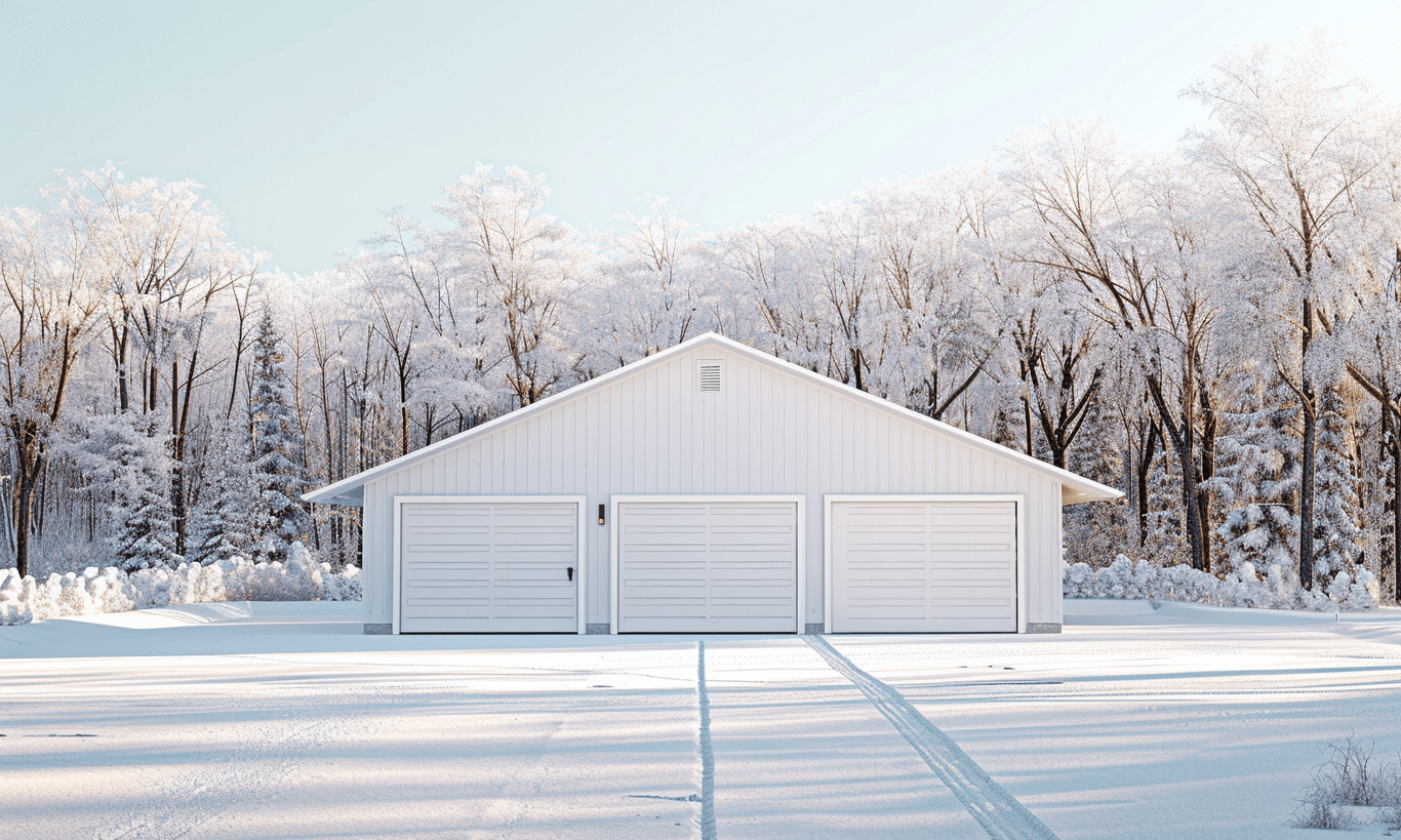 Three white A-frame garages in Ontario with clean design and snow-covered roofs, set against a winter background.