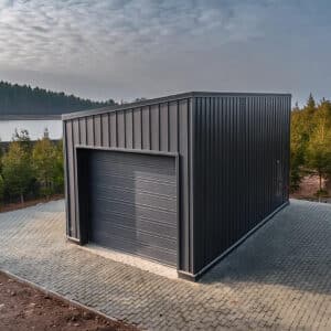 Metal shed 12x16 with double doors and gable roof; ideal for storage and outdoor organization in backyard.