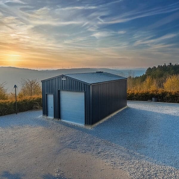 16x24 metal shed in a backyard, showcasing spacious storage with durable steel construction and a modern, weather-resistant design.