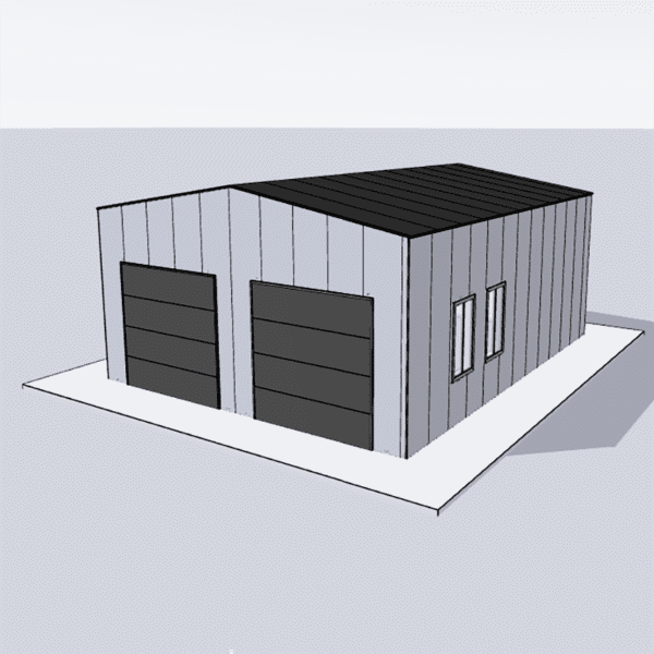 24x30 metal shed with double doors, gray exterior, and gable roof, ideal for storage or workshop space in a backyard.