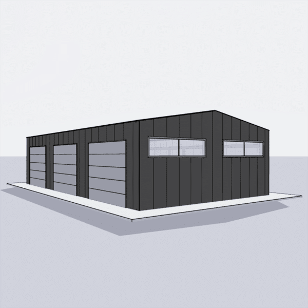 Large 30x50 garage package with three bays, ideal for vehicle storage, workshop space, and additional storage solutions.