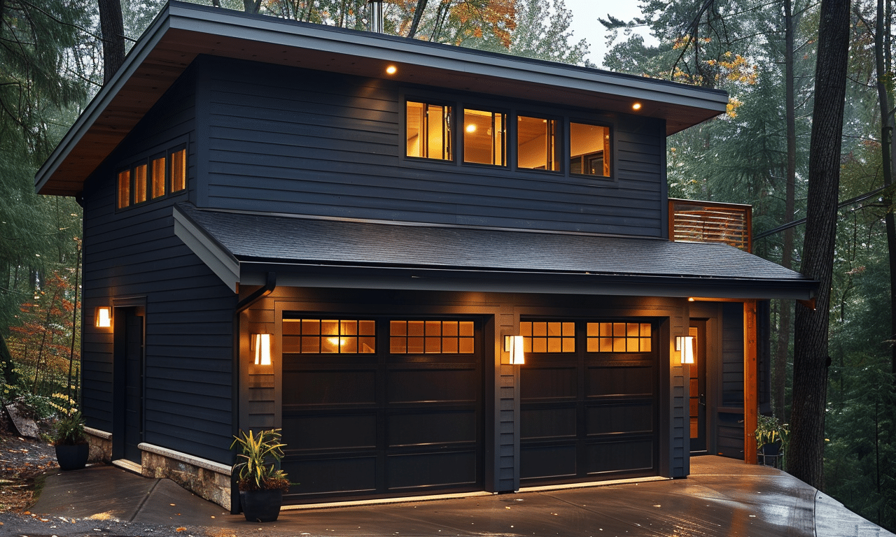 Modern metal home with loft above featuring sleek design, large glass windows, and contemporary architecture in a serene setting.