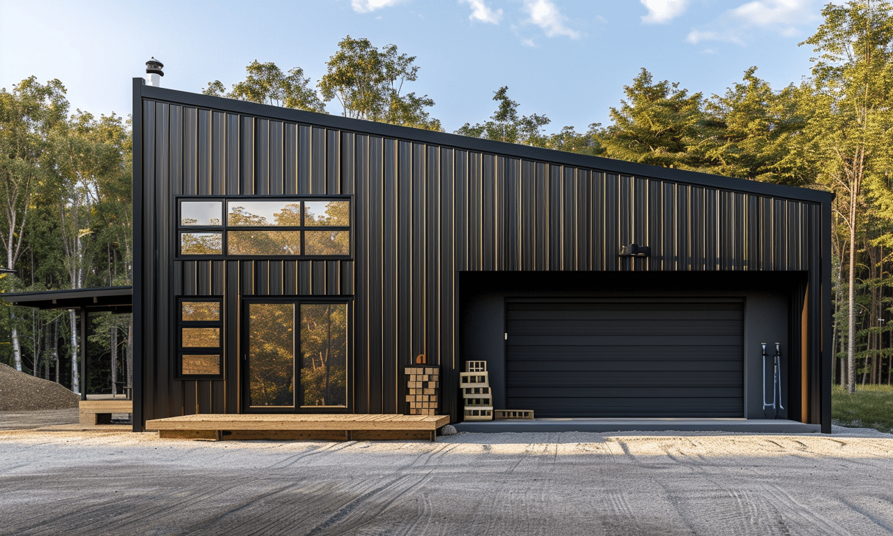 Modern steel house with sleek black vertical panels and large windows set against a clear sky. Stylish contemporary architecture.