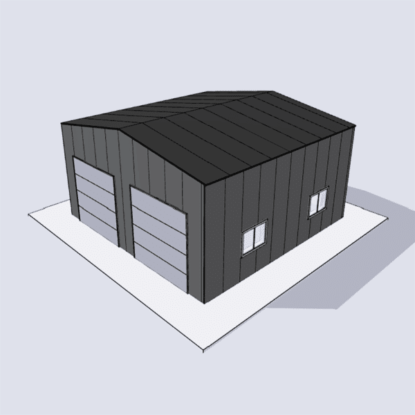 Steel building kit measuring 24x24 feet, ideal for garages, workshops, and versatile storage solutions.