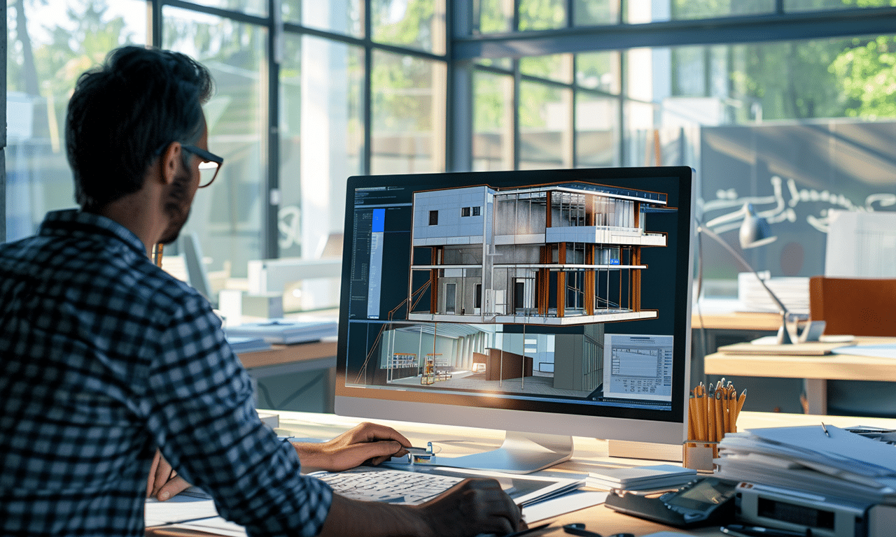 Architect presenting a 3D model of a custom steel building in a bright office, surrounded by detailed blueprints and design tools.