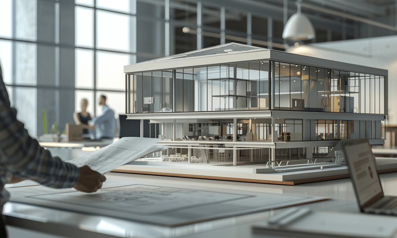 Architect showcasing a 3D model of a custom steel building in a bright office environment, highlighting design details.