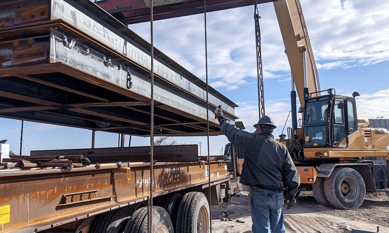 Custom-fabricated steel components being unloaded at a construction site for structural assembly and project development.