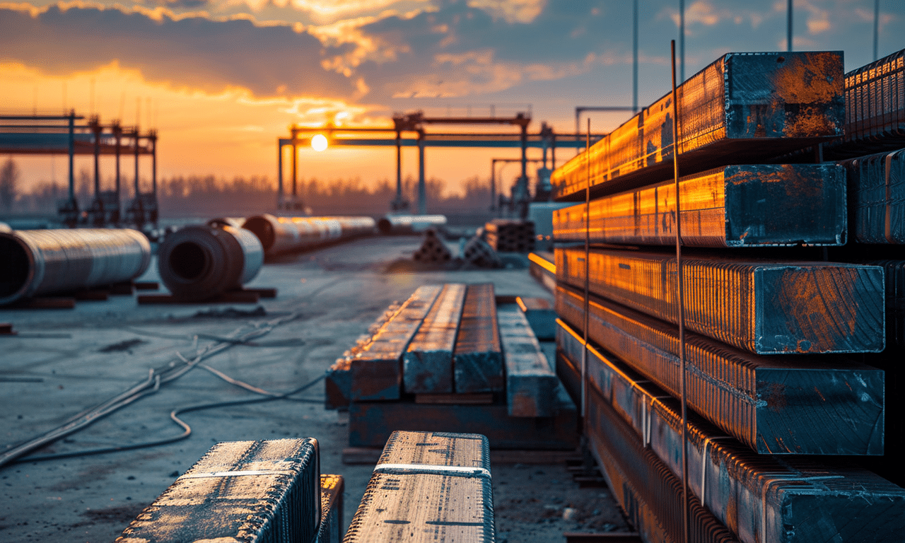 Outdoor industrial yard showcasing vibrant lighting highlighting raw steel materials and equipment in an industrial setting.