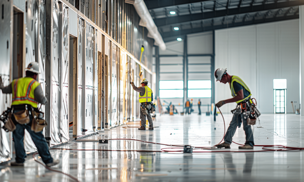 Workers installing structural components inside a steel building, showcasing teamwork and construction progress.