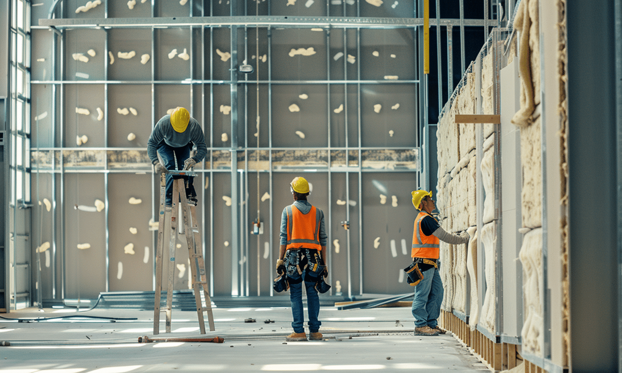 Workers installing insulation and wall panels in a steel distribution center for improved energy efficiency and structure.