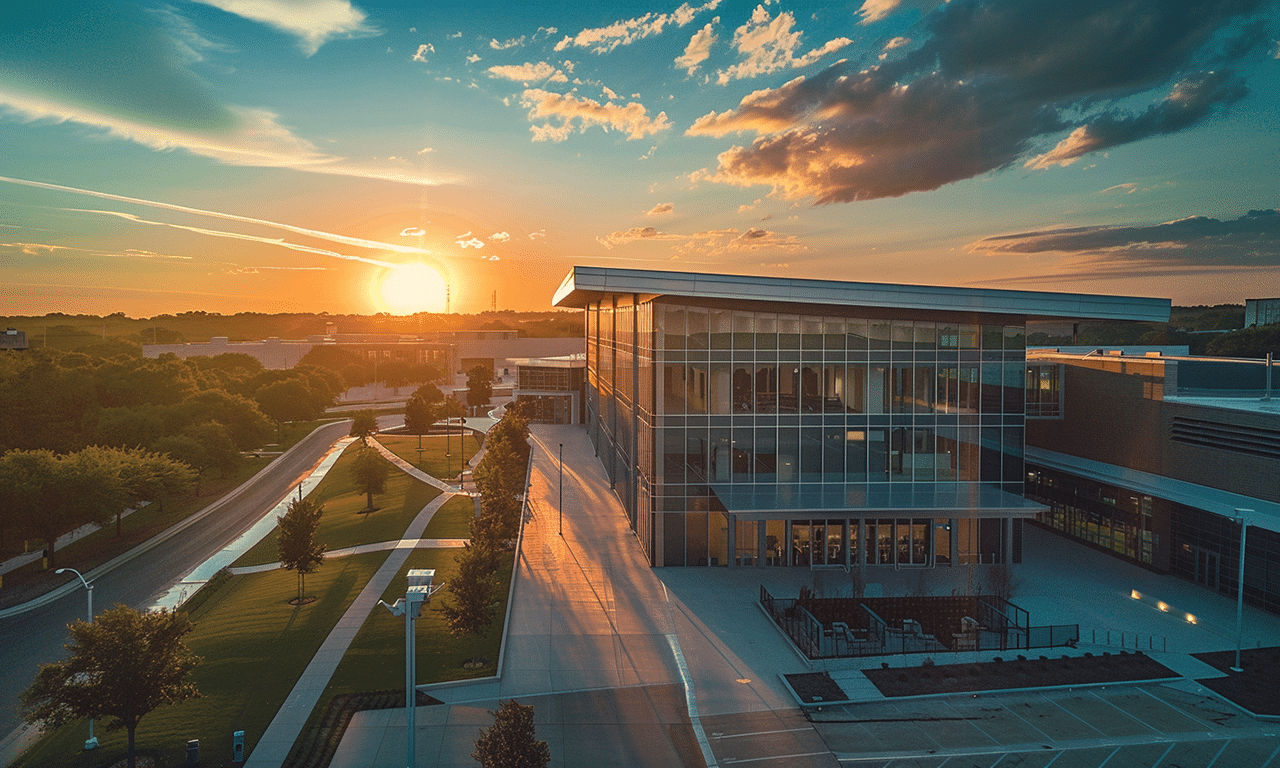 Aerial view of a modern steel building in Ontario showcasing industrial architecture and urban development.