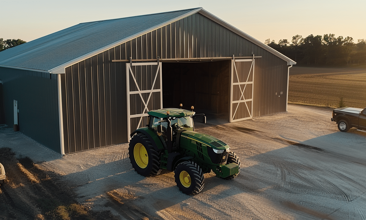 Drone view of a tractor parked near a garage in Canada, showcasing agricultural machinery and rural landscape.